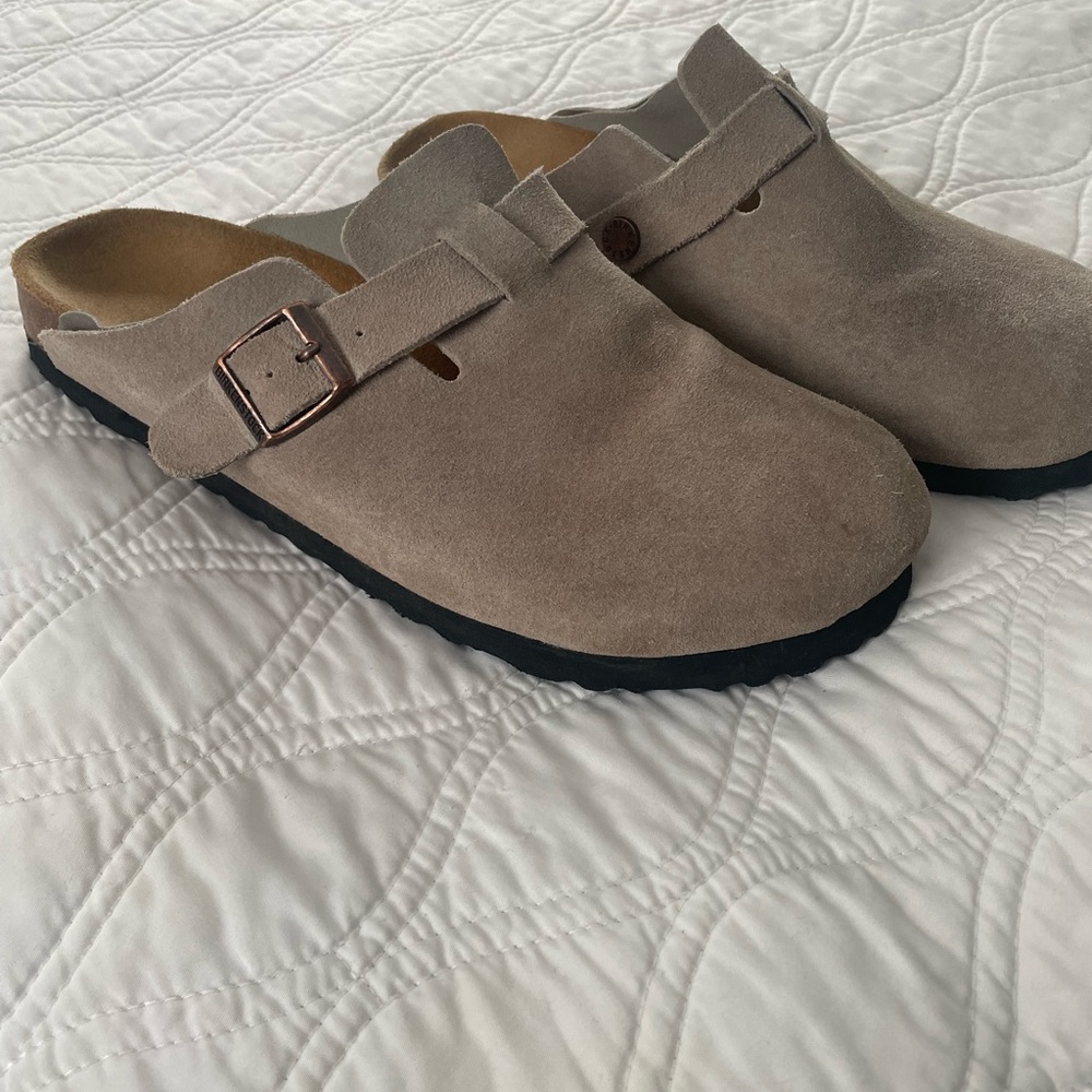 Birkenstock Taupe Suede Clogs